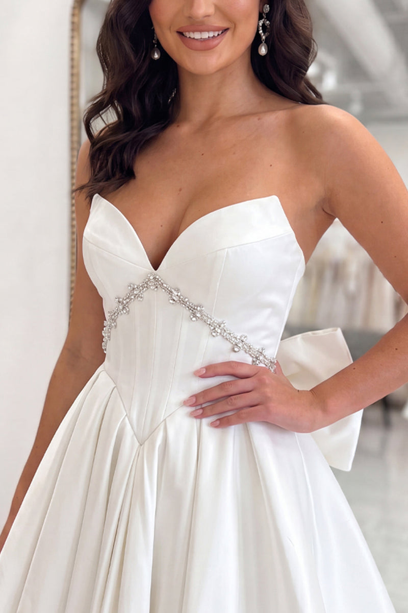 Load image into Gallery viewer, White Strapless A Line Short Corset Beaded Cocktail Dress with Bow