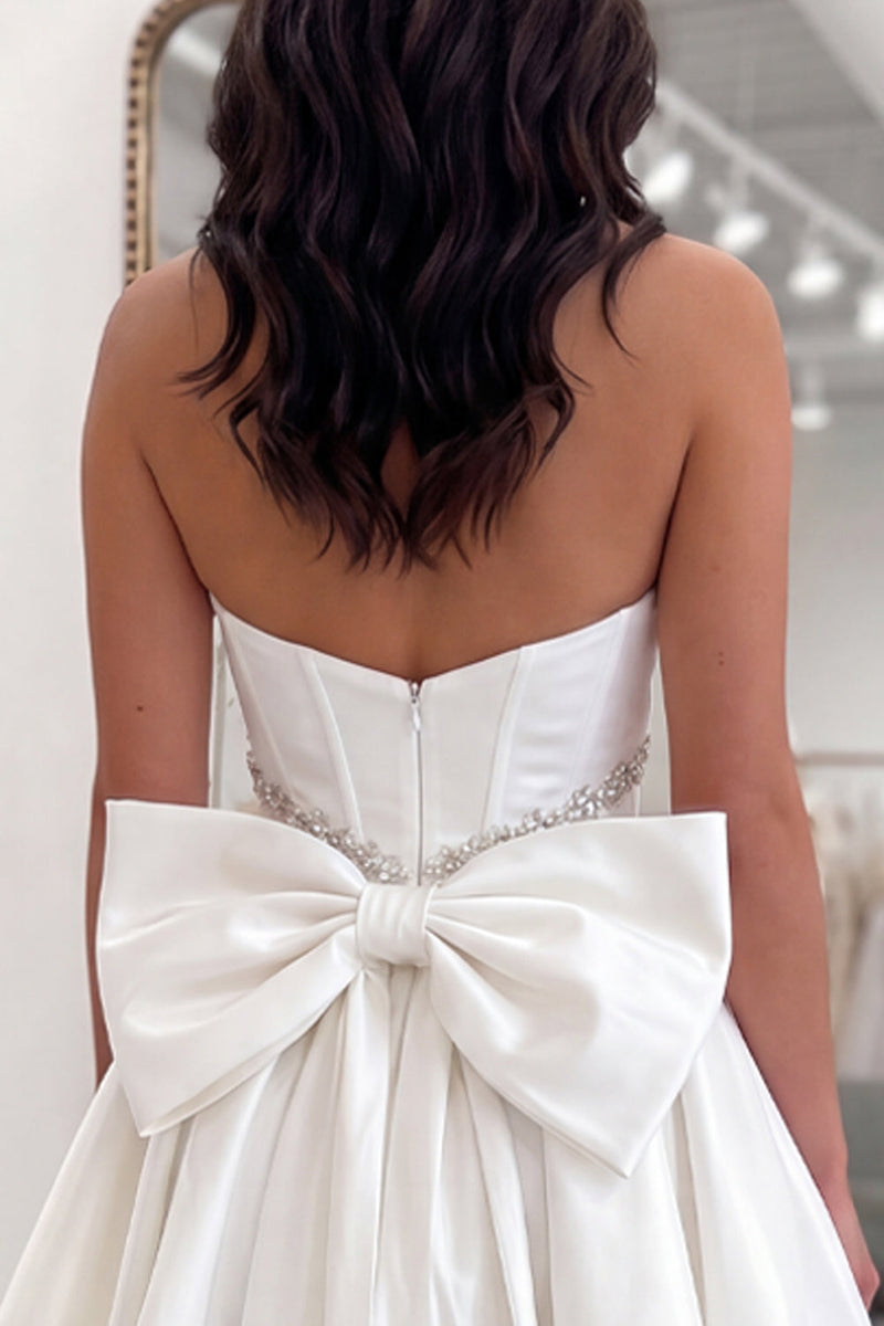 Load image into Gallery viewer, White Strapless A Line Short Corset Beaded Cocktail Dress with Bow