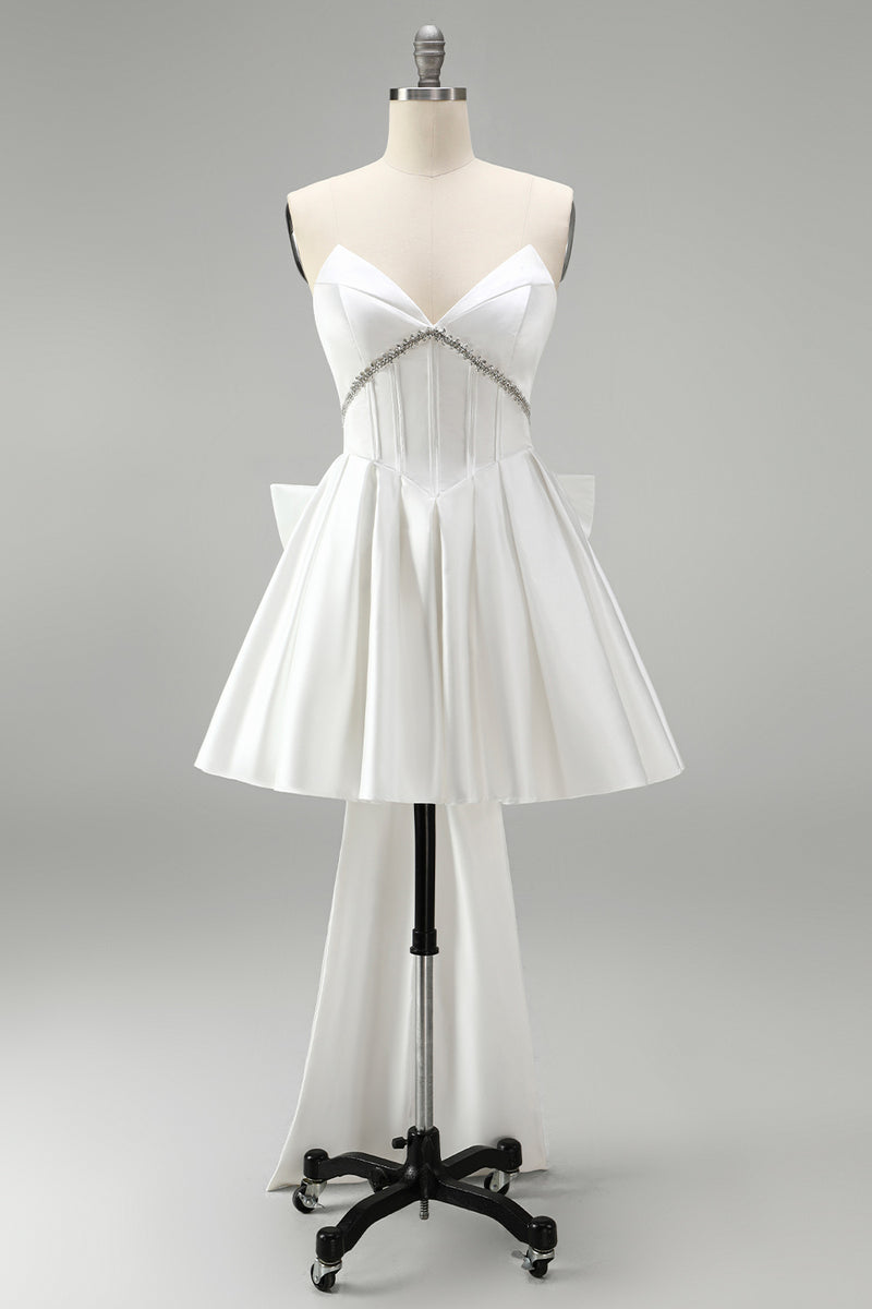 Load image into Gallery viewer, White Strapless A Line Short Corset Beaded Cocktail Dress with Bow