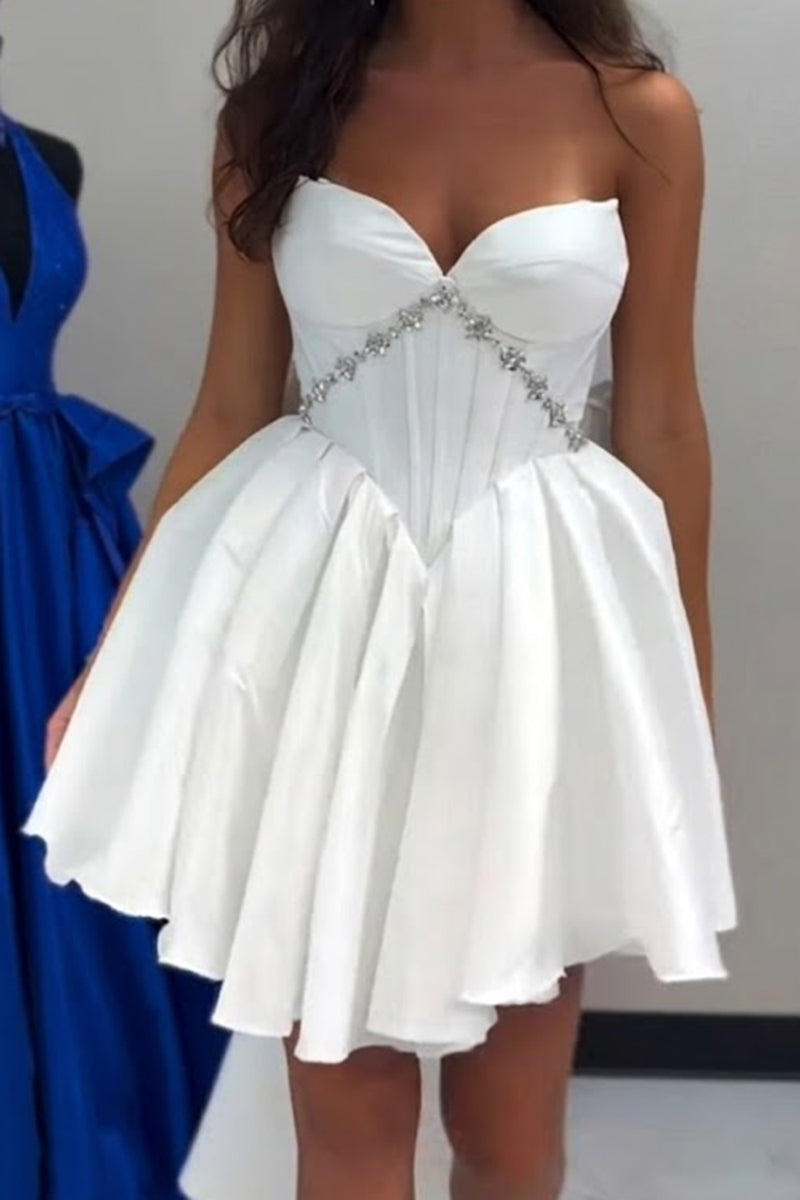 Load image into Gallery viewer, White Strapless A Line Short Corset Beaded Cocktail Dress with Bow