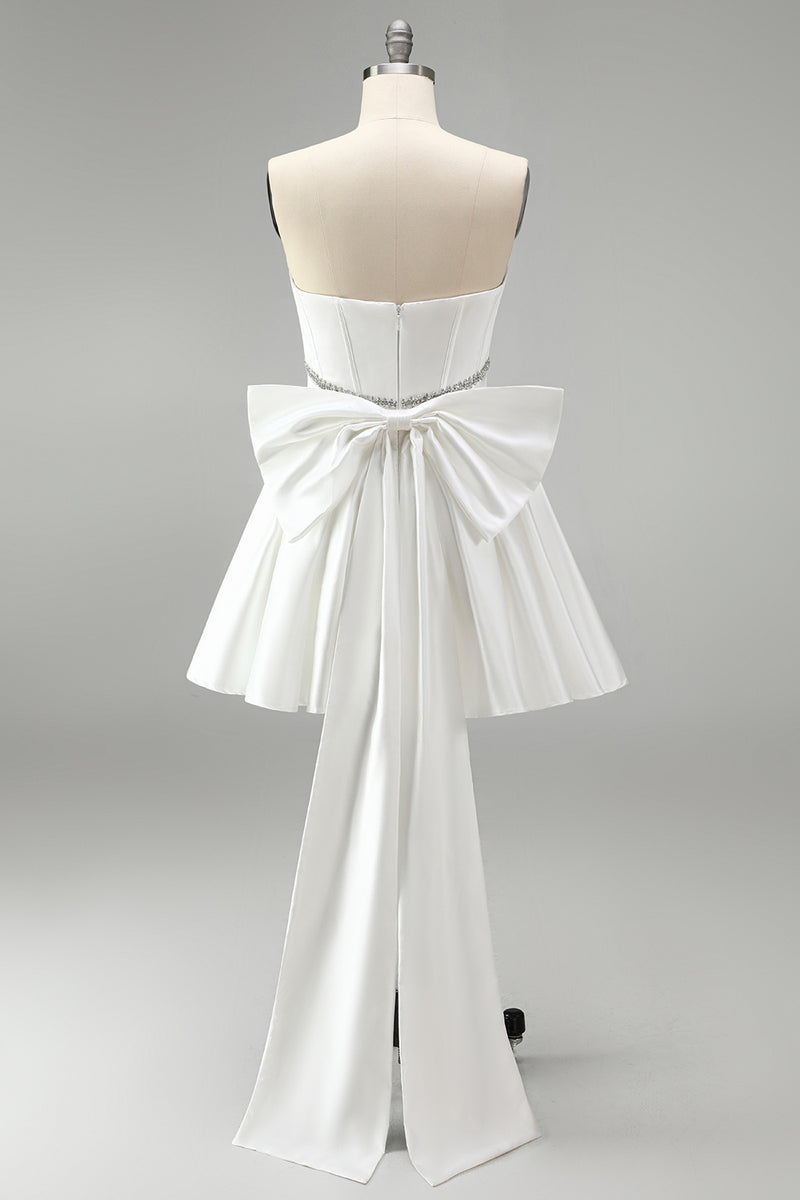 Load image into Gallery viewer, White Strapless A Line Short Corset Beaded Cocktail Dress with Bow