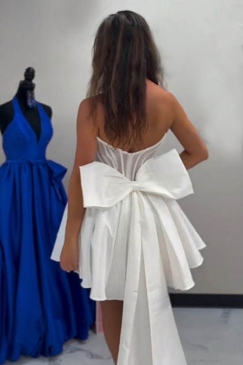 Load image into Gallery viewer, White Strapless A Line Short Corset Beaded Cocktail Dress with Bow