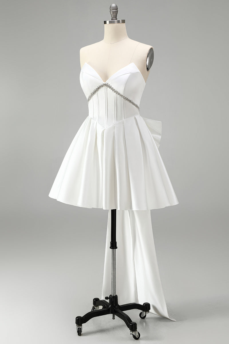 Load image into Gallery viewer, White Strapless A Line Short Corset Beaded Cocktail Dress with Bow