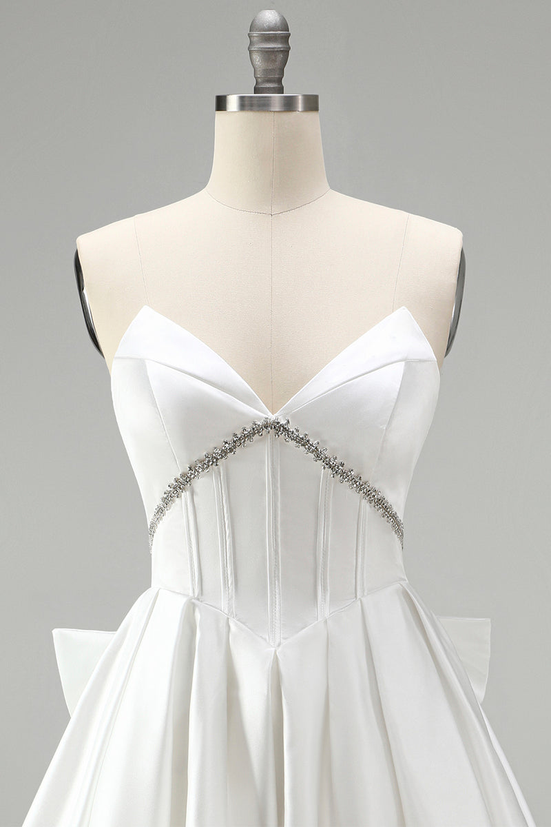 Load image into Gallery viewer, White Strapless A Line Short Corset Beaded Cocktail Dress with Bow