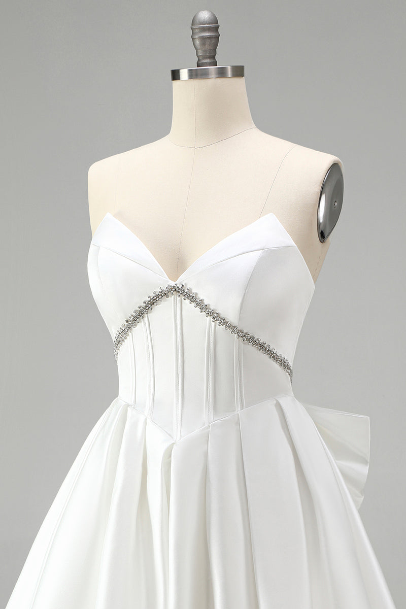 Load image into Gallery viewer, White Strapless A Line Short Corset Beaded Cocktail Dress with Bow