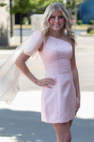 Load image into Gallery viewer, Sparkly Black Beaded One Shoulder A Line Short Cocktail Dress with Side Cape