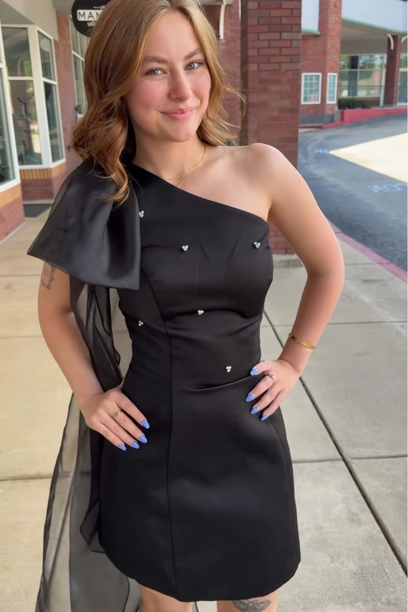 Load image into Gallery viewer, Pink One Shoulder Beaded A Line Short Cocktail Dress with Side Cape