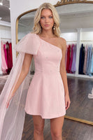 Load image into Gallery viewer, Pink One Shoulder Beaded A Line Short Cocktail Dress with Side Cape