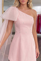 Load image into Gallery viewer, Pink One Shoulder Beaded A Line Short Cocktail Dress with Side Cape