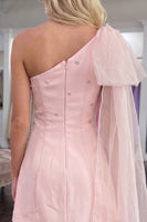 Load image into Gallery viewer, Pink One Shoulder Beaded A Line Short Cocktail Dress with Side Cape