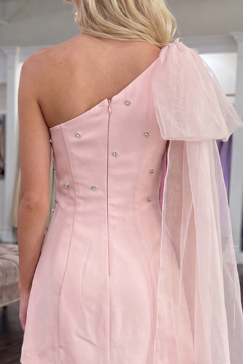Load image into Gallery viewer, Pink One Shoulder Beaded A Line Short Cocktail Dress with Side Cape