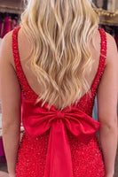 Load image into Gallery viewer, Sparkly Red Beaded Tight Short Cocktail Dress with Bow