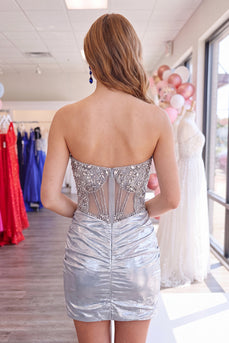 Sparkly Silver Beaded Ruched Corset Tight Short Cocktail Dress