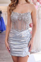 Load image into Gallery viewer, Sparkly Silver Beaded Ruched Corset Tight Short Cocktail Dress