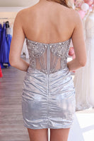 Load image into Gallery viewer, Sparkly Silver Beaded Ruched Corset Tight Short Cocktail Dress