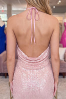 Load image into Gallery viewer, Sparkly Pink Halter Sequin Tight Short Cocktail Dress