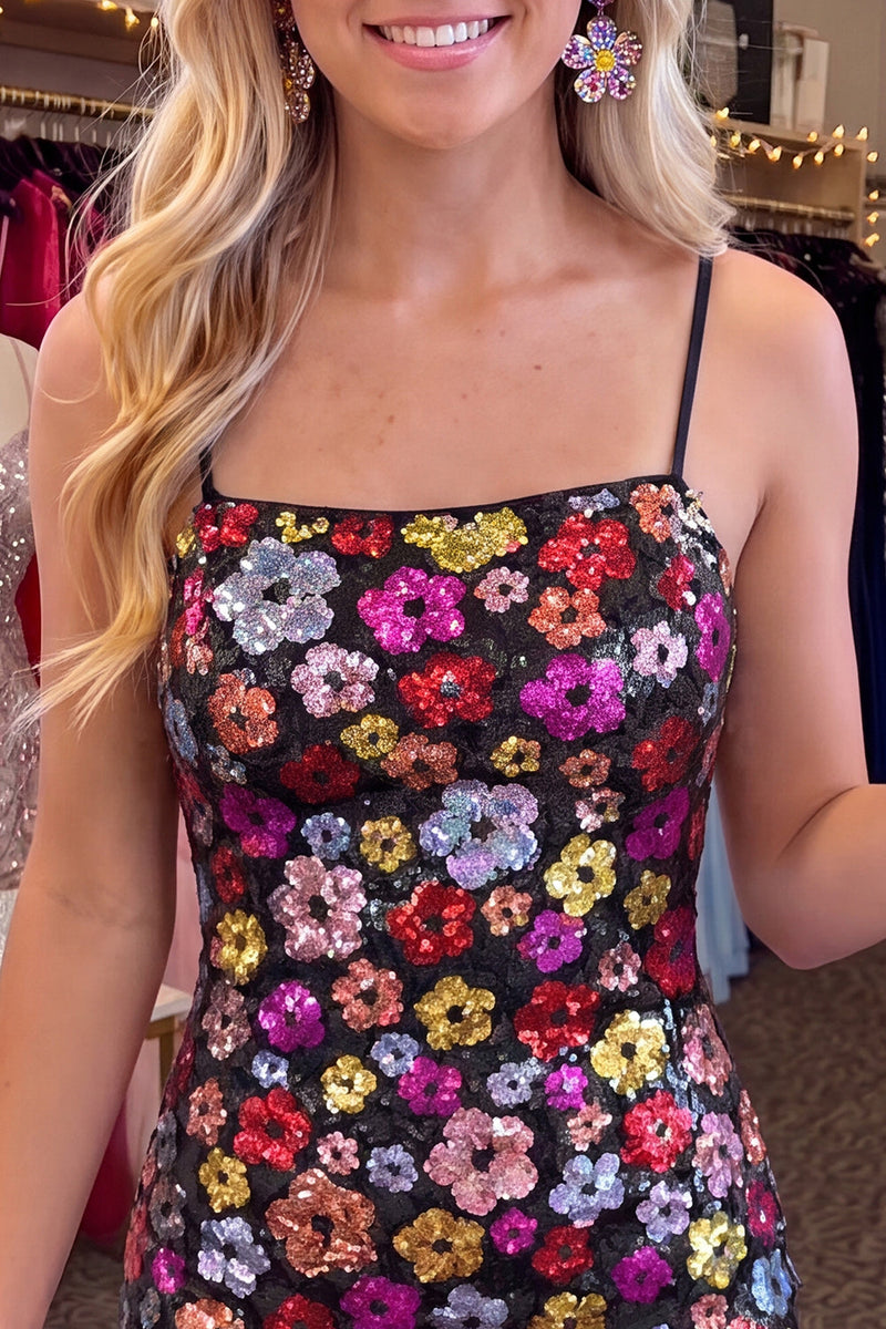 Load image into Gallery viewer, Sparkly Black Flowers Sequin Tight Short Cocktail Dress