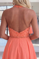 Load image into Gallery viewer, Sparkly Orange Beaded A Line Short V-Neck Cocktail Dress