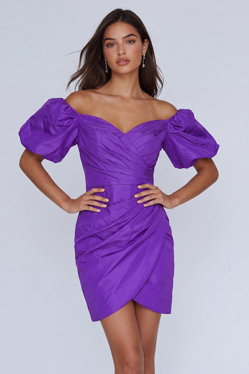 Load image into Gallery viewer, Purple Tight Short Off the Shoulder Ruched Cocktail Dress
