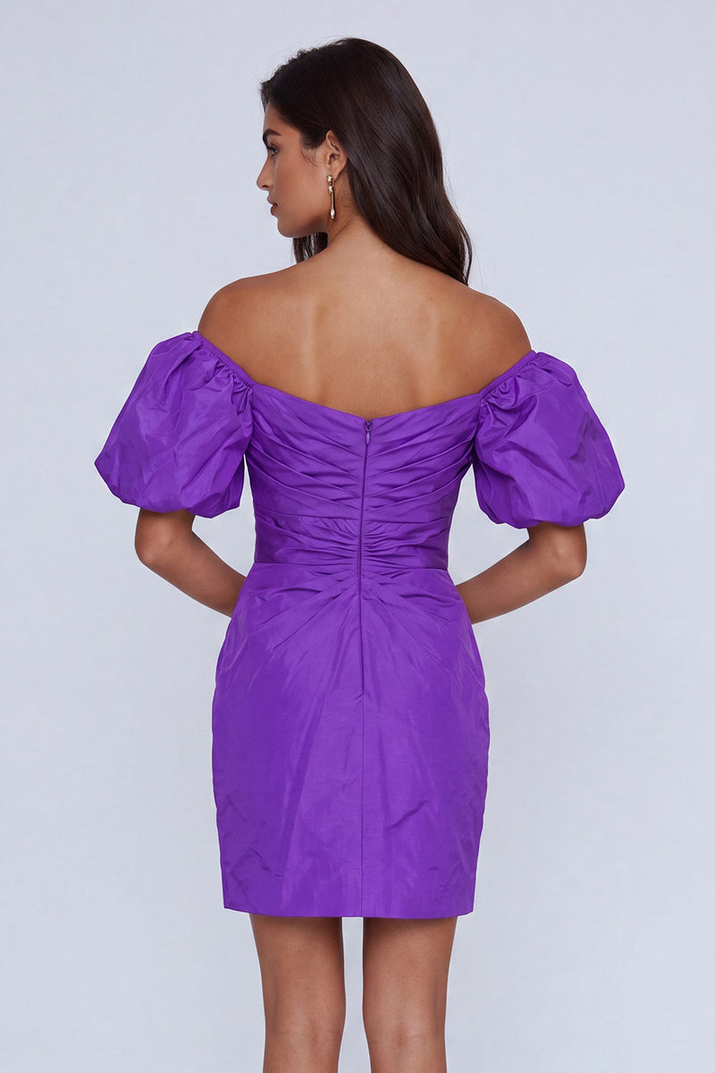 Load image into Gallery viewer, Purple Tight Short Off the Shoulder Ruched Cocktail Dress