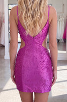 Load image into Gallery viewer, Sparkly Purple Tight Short Beaded Cut Out Cocktail Dress