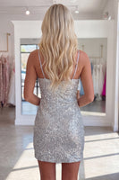 Load image into Gallery viewer, Sparkly Silver Sequin Spaghetti Straps Tight Short Cocktail Dress
