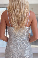Load image into Gallery viewer, Sparkly Silver Sequin Spaghetti Straps Tight Short Cocktail Dress