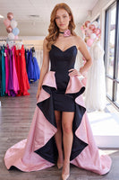 Load image into Gallery viewer, Black and Pink Strapless Ruffled Tight Short Cocktail Dress with Cape