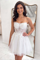 Load image into Gallery viewer, White Strapless A Line Short Corset Floral Cocktail Dress