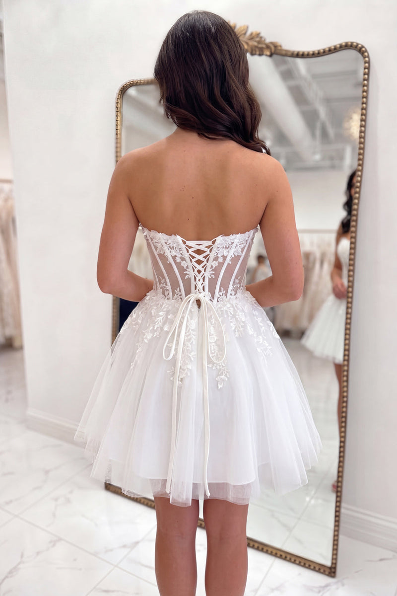 Load image into Gallery viewer, White Strapless A Line Short Corset Floral Cocktail Dress