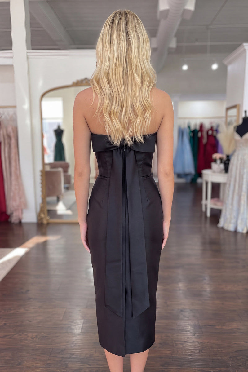 Load image into Gallery viewer, Black Strapless Bodycon Midi Cocktail Dress with Back Bow