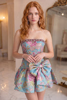 Load image into Gallery viewer, Blue Flower A Line Beaded Strapless Short Cocktail Dress with Bow