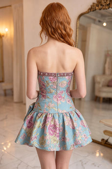 Blue Flower A Line Beaded Strapless Short Cocktail Dress with Bow