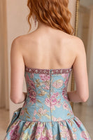 Load image into Gallery viewer, Blue Flower A Line Beaded Strapless Short Cocktail Dress with Bow