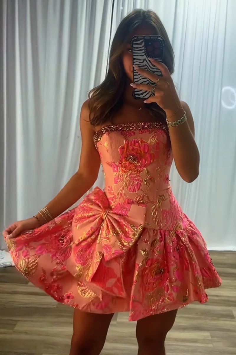 Load image into Gallery viewer, Blue Flower A Line Beaded Strapless Short Cocktail Dress with Bow