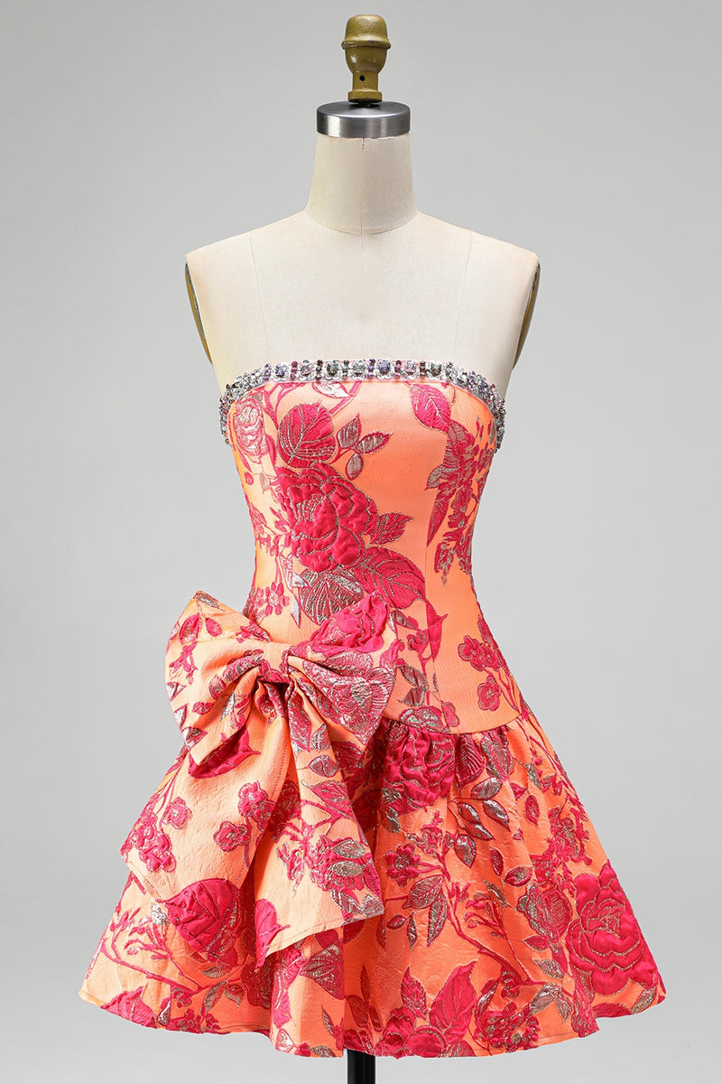 Load image into Gallery viewer, Blue Flower A Line Beaded Strapless Short Cocktail Dress with Bow