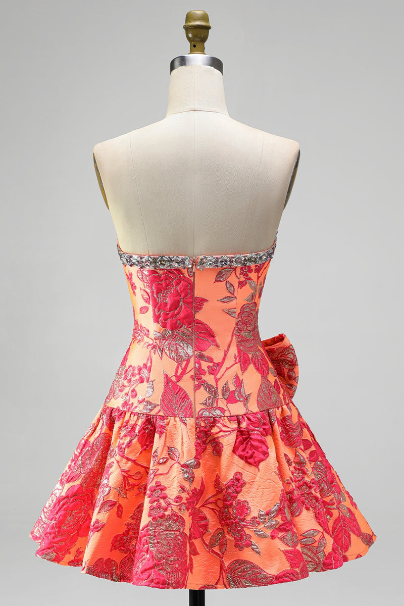 Load image into Gallery viewer, Blue Flower A Line Beaded Strapless Short Cocktail Dress with Bow