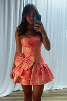 Load image into Gallery viewer, Blue Flower A Line Beaded Strapless Short Cocktail Dress with Bow