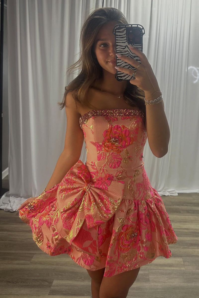 Load image into Gallery viewer, Blue Flower A Line Beaded Strapless Short Cocktail Dress with Bow