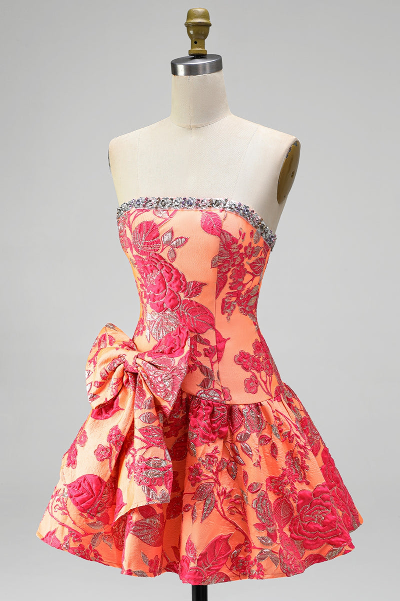 Load image into Gallery viewer, Blue Flower A Line Beaded Strapless Short Cocktail Dress with Bow
