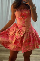 Load image into Gallery viewer, Blue Flower A Line Beaded Strapless Short Cocktail Dress with Bow