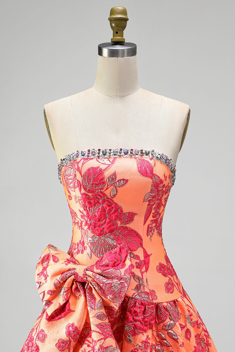 Load image into Gallery viewer, Blue Flower A Line Beaded Strapless Short Cocktail Dress with Bow