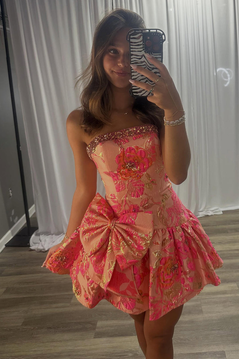 Load image into Gallery viewer, Blue Flower A Line Beaded Strapless Short Cocktail Dress with Bow