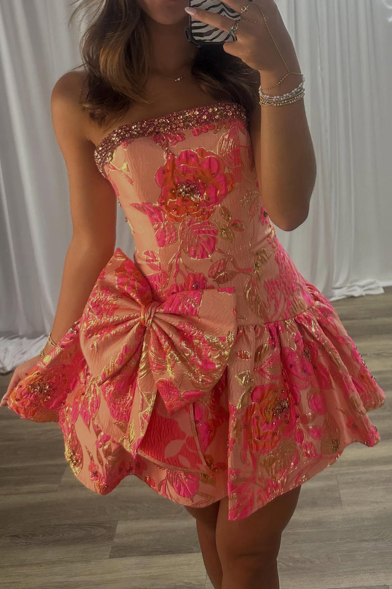 Load image into Gallery viewer, Blue Flower A Line Beaded Strapless Short Cocktail Dress with Bow