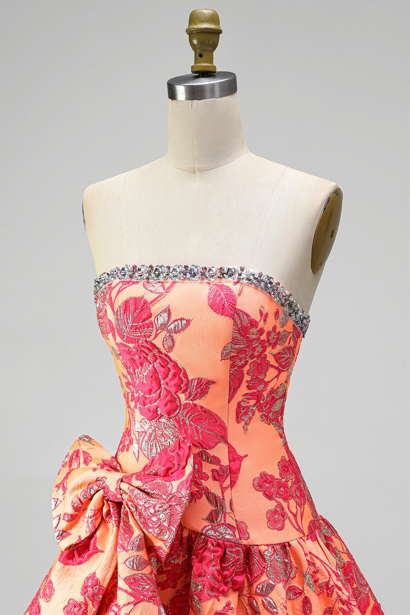 Load image into Gallery viewer, Blue Flower A Line Beaded Strapless Short Cocktail Dress with Bow