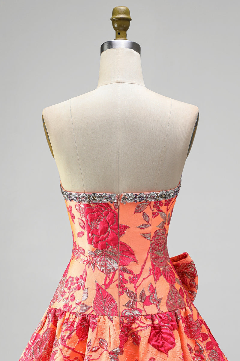 Load image into Gallery viewer, Blue Flower A Line Beaded Strapless Short Cocktail Dress with Bow