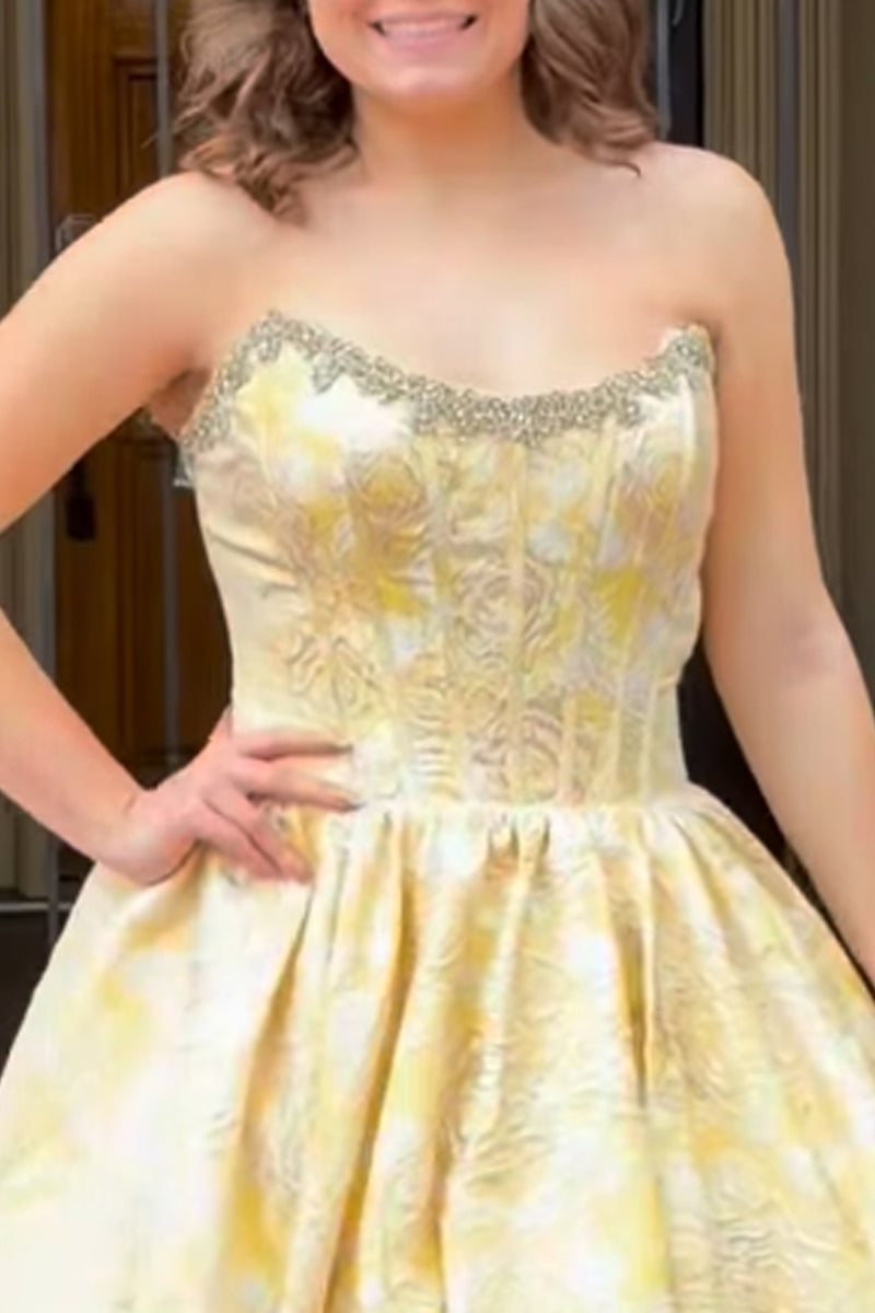 Load image into Gallery viewer, Sparkly Yellow Floral Corset Short Cocktail Dress with Beading