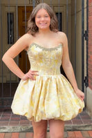Load image into Gallery viewer, Sparkly Yellow Floral Corset Short Cocktail Dress with Beading