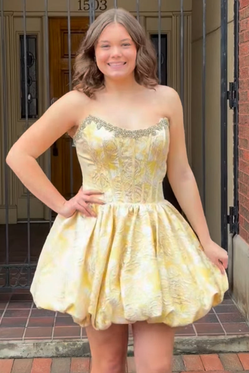 Load image into Gallery viewer, Sparkly Yellow Floral Corset Short Cocktail Dress with Beading