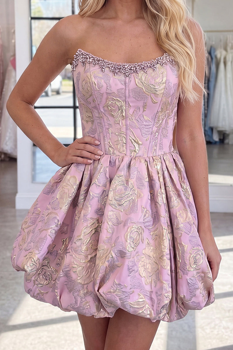 Load image into Gallery viewer, Blush Strapless Corset A Line Short Floral Cocktail Dress with Beading